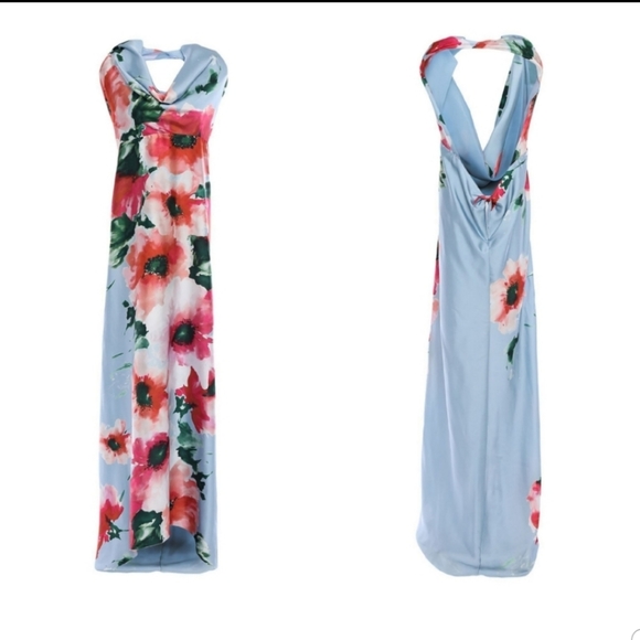 ADE' Dresses & Skirts - ADE' Floral Halter Asymmetric High Low Maxi Dress Size 6 Baby Blue Pink